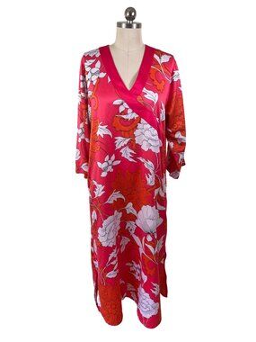 Natori Floral Nomad Caftan Womens Small Pink Maximalist Chinoiserie Glamour Boho